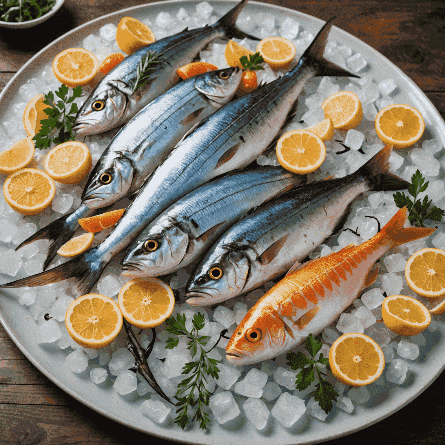 新鮮な魚の盛り合わせ。様々な種類の魚が氷の上に美しく並べられている。