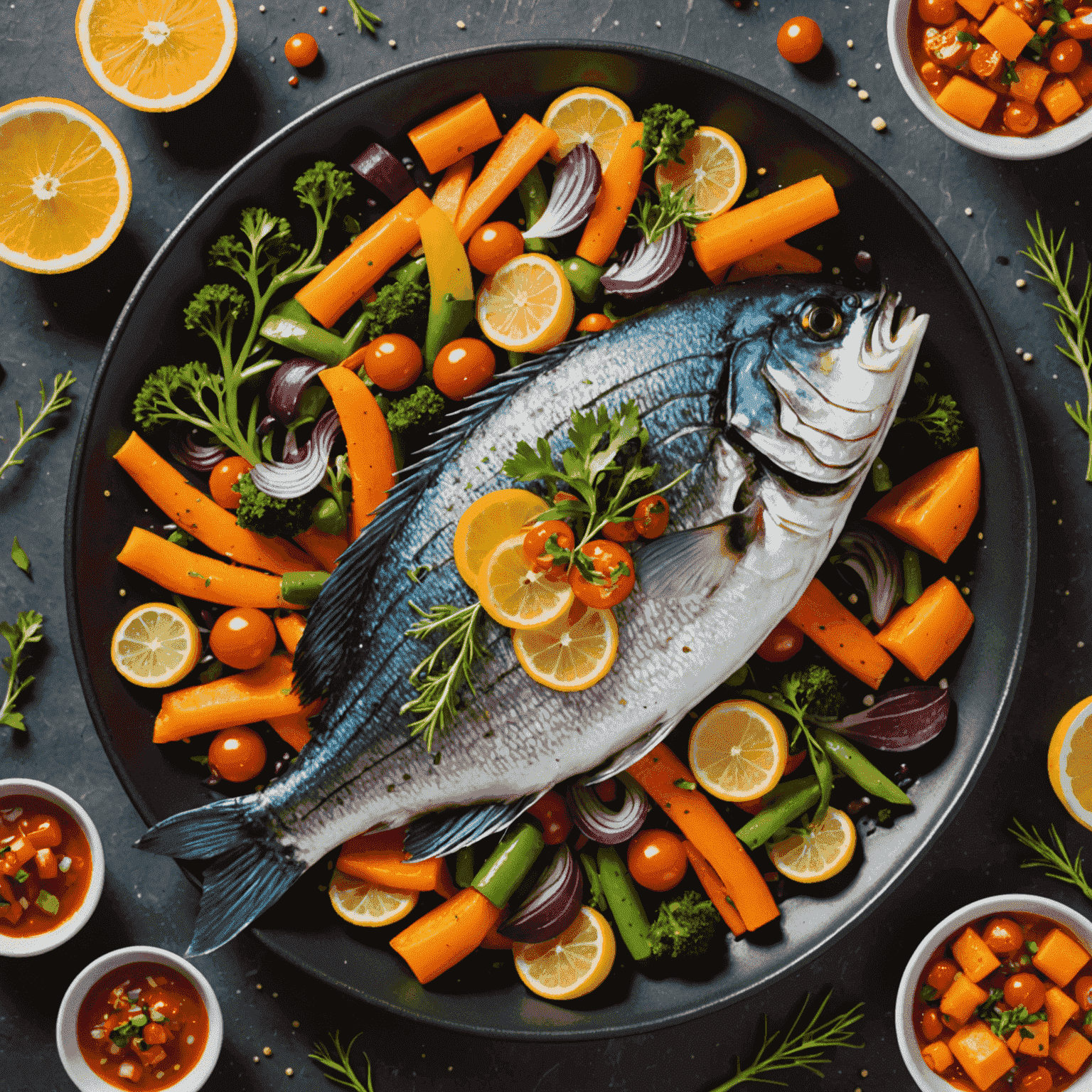 季節の魚料理。色とりどりの野菜と共に盛り付けられた美しい魚料理。