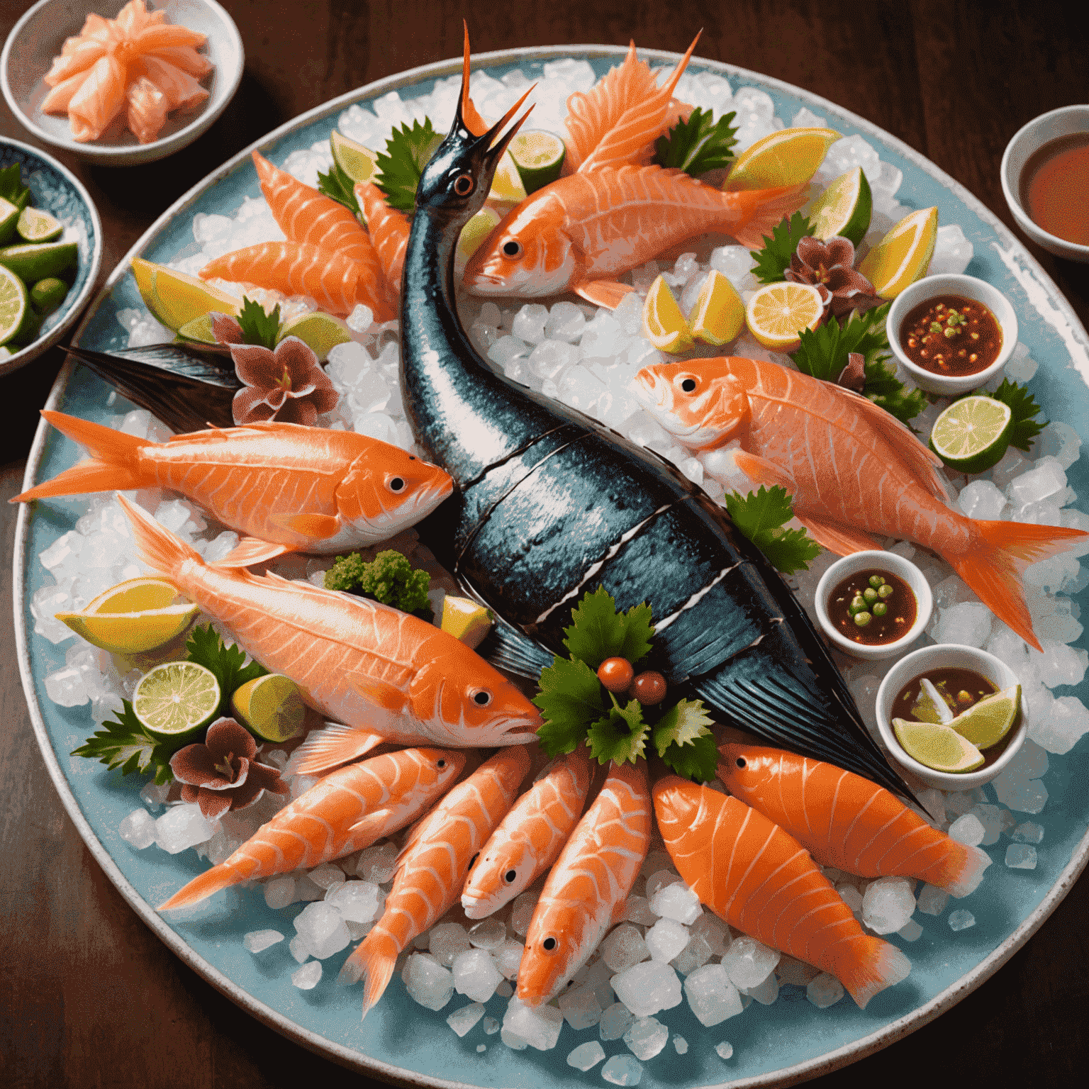 季節の魚を使った豪華な刺身の盛り合わせ。色とりどりの魚が美しく盛り付けられ、中央には氷で作られた鶴の彫刻が飾られています。